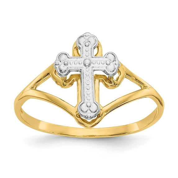 14K Two-Tone Gold Ring Band Themed with Rhodium Cross, Size 6