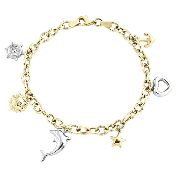 14K Two Tone Gold Rolo Link Dolphin Heart Sun Anchor Charm 5mm Bracelet 7.50"