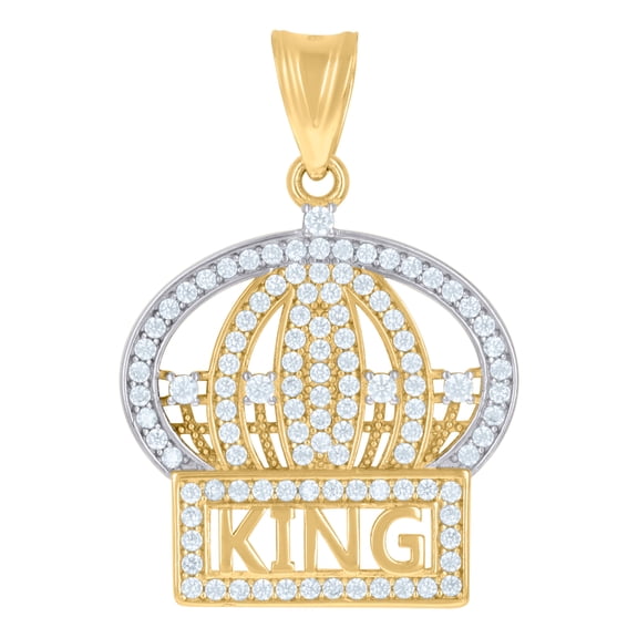 14K Two Tone Gold Round CZ Men's 1.25" Royal Charm Iced Out KING Crown Pendant