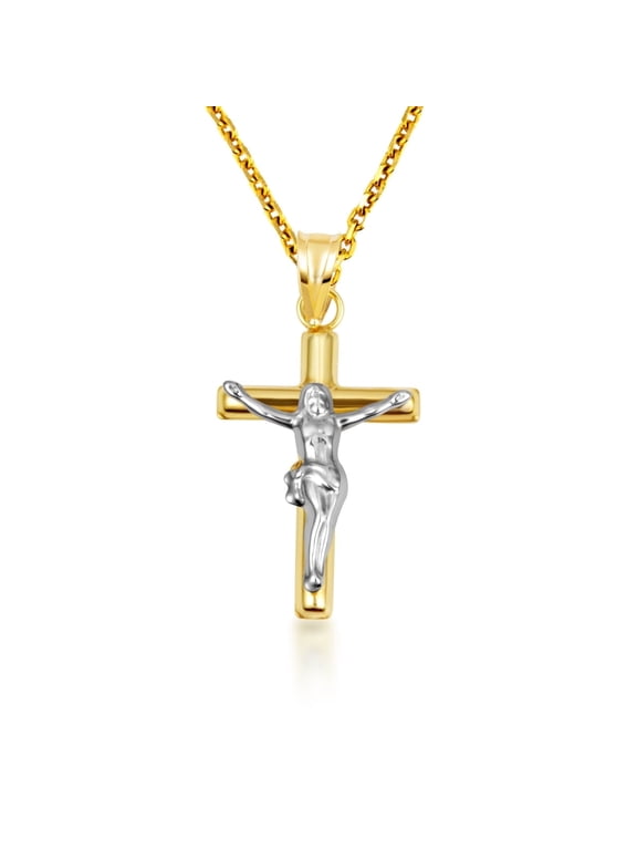 14K Two Tone Gold Sacred Jesus Christ Cross Crucifix Pendant Necklace (Pendant with 16" chain)