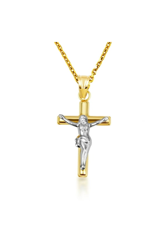 14K Two Tone Gold Sacred Jesus Christ Cross Crucifix Pendant Necklace (Pendant with 22" chain)