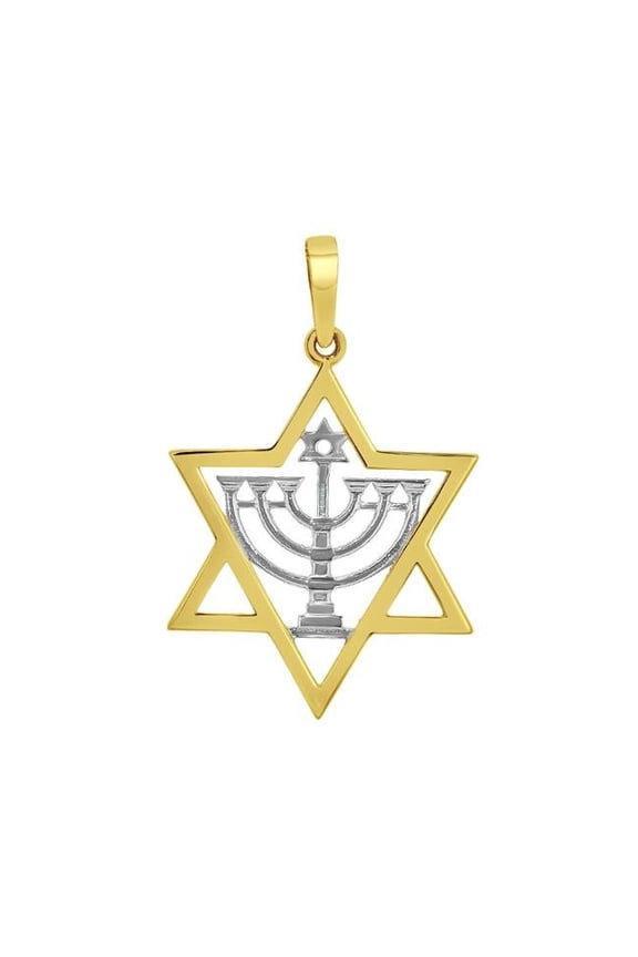 14K Two Tone Gold Star of David with Menorah Pendant