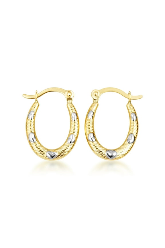 14K Two Tone Gold Textured Heart Hoop Earrings