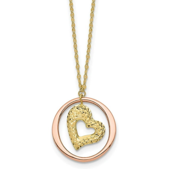 14K Two-Tone Gold Two Tone Fancy Link Diamond Cut Heart in Open Circle Necklace - 18" Chain