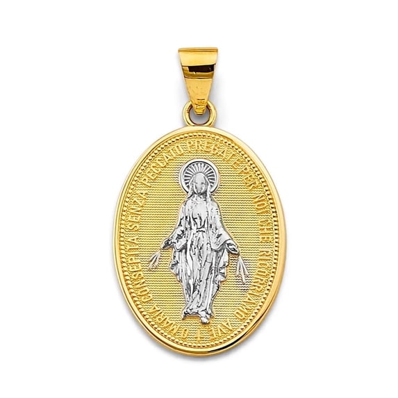 14K Two-Tone Gold Virgin Mary Pendant for Men & Women – Solid Yellow & White Gold, 32mm x 18mm