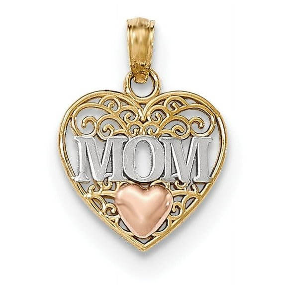 14K Two Tone Gold, White Rhodium Polished Finish MOM Heart in Heart Filigree Design Charm Pendant