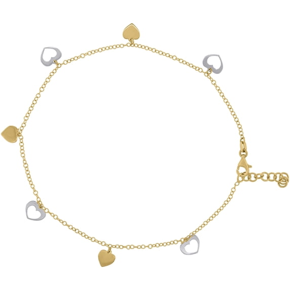 14K Two Tone Gold Women's Dangler Flat & Open Heart Charm Anklet 9.5" + 1" Ext