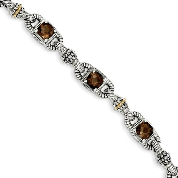 14K Two-Tone Gold bracelet Gemstones Yellow Smoky Quartz Cushion Brown 7.25 in 9 mm