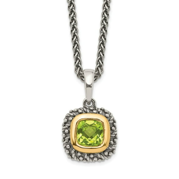 14K Two-Tone Gold necklace Gemstone Yellow Peridot Cushion Green