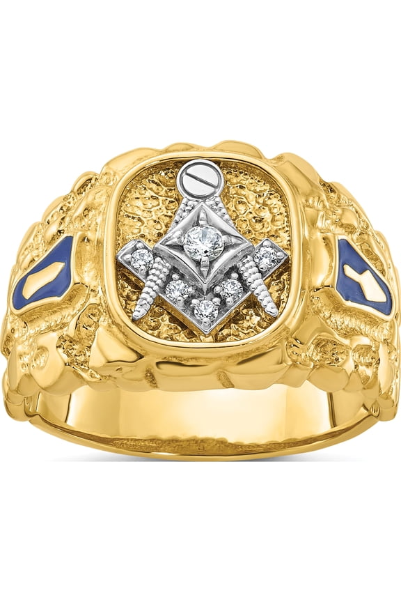 14K Two-tone IBGoodman 14K Two-tone Men's Polished and Nugget Textured Diamond Blue Lodge Master Masonic Ring