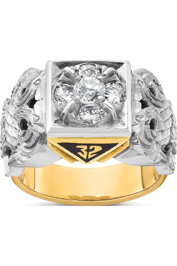 14K Two-Tone Ibgoodman Men's Polished And Textured With Black Enamel Diamond 32Nd Degree Scottish Rite Masonic Ringsize 10 (Width 15.1) - Jbsp