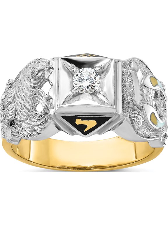 14K Two-tone IBGoodman 14K Two-tone Men's Polished and Textured with Black Enamel and Diamond Double Eagle Masonic Shriner's Ring