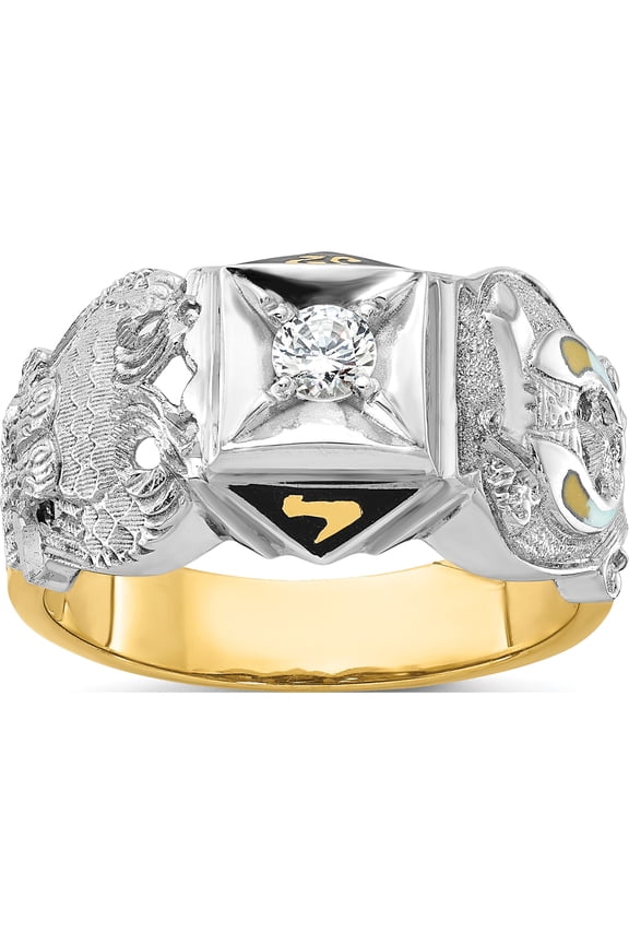 14K Two-Tone Ibgoodman Men's Polished And Textured With Black Enamel Diamond Double Eagle Masonic Shriner's Ringsize 10 - Jbsp