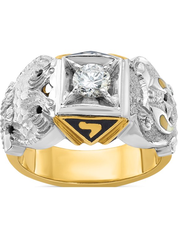 14K Two-tone IBGoodman 14K Two-tone Men's Polished and Textured with Black Enamel and Diamond Double Eagle Masonic Shriner's Ring