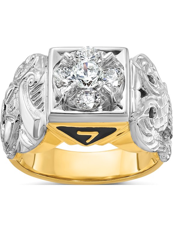 14K Two-tone IBGoodman 14K Two-tone Men's Polished and Textured with Black Enamel and Diamond Double Eagle Masonic Shriner's Ring