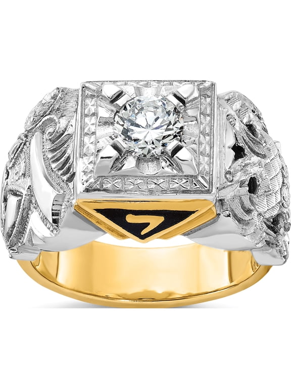 14K Two-tone IBGoodman 14K Two-tone Men's Polished and Textured with Black Enamel and Diamond Double Eagle Masonic Shriner's Ring
