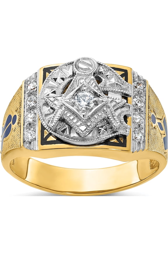 14K Two-tone IBGoodman 14K Two-tone Men's Polished and Textured with Blue and Black Enamel Diamond Blue Lodge Master Masonic Ring