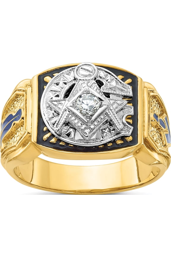 14K Two-tone IBGoodman 14K Two-tone Men's Polished and Textured with Blue and Black Enamel Diamond Blue Lodge Master Masonic Ring