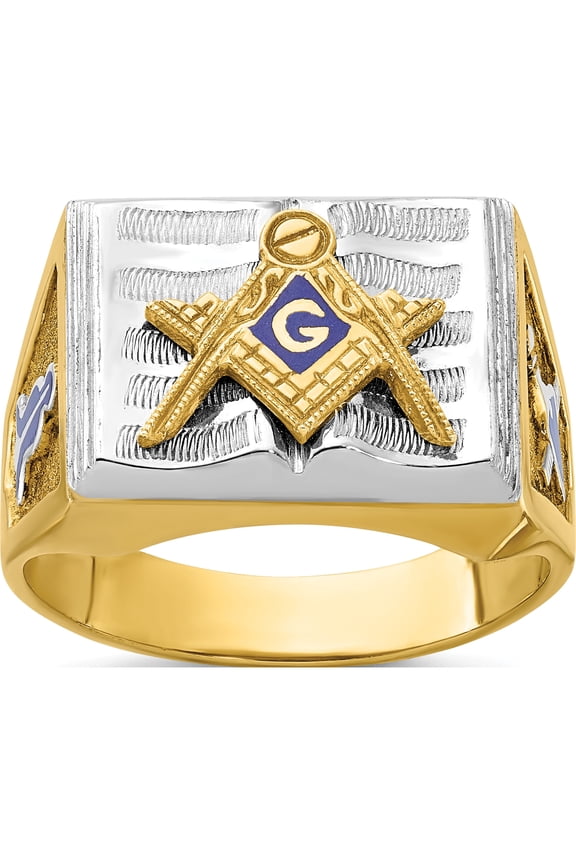14K Two-tone IBGoodman 14K Two-tone Men's Polished and Textured with Blue Enamel Blue Lodge Master Masonic Ring
