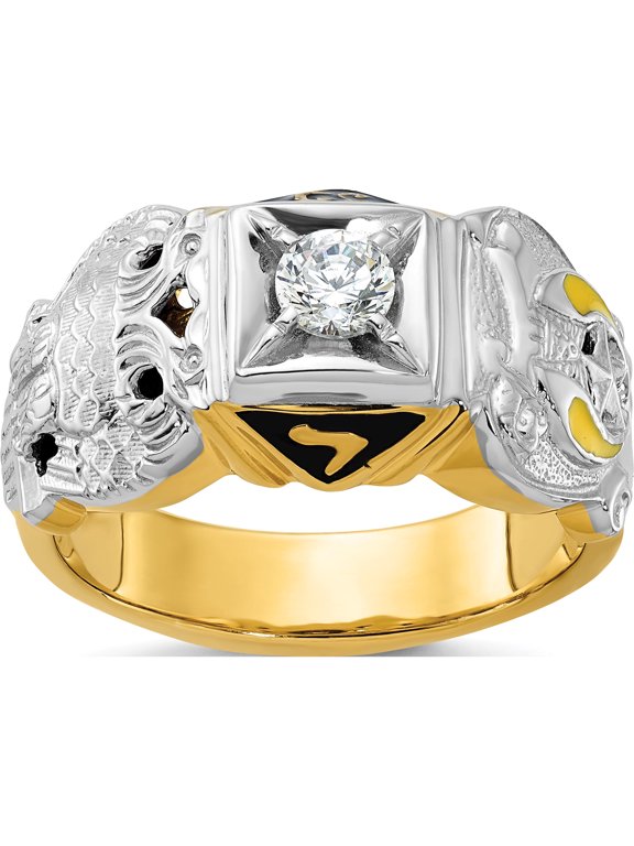 14K Two-tone IBGoodman 14K Two-tone Men's Polished and Textured with Multi-color Enamel and Diamond Double Eagle Masonic Shriner's Ring
