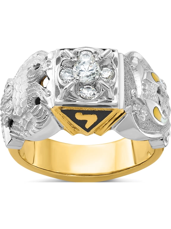 14K Two-tone IBGoodman 14K Two-tone Men's Polished and Textured with Multi-color Enamel and Diamond Double Eagle Masonic Shriner's Ring