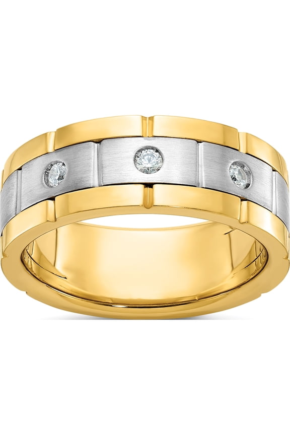 14K Two-tone IBGoodman 14K Two-tone Men's Polished Satin and Grooved 3-Stone 1/6 Carat AA Quality Diamond Ring