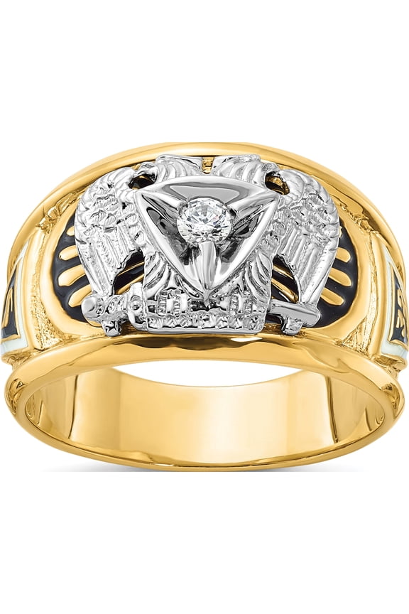 14K Two-Tone Ibgoodman Men's Polished And Textured With Black White Enameled Diamond 32Nd Degree Scottish Rite Masonic Ringsize 10 (Width 13.8) - Jbsp