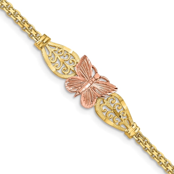 Jewelry by Sweet Pea 14K Two-tone Two-tone Polished Diamond-cut Butterfly with Filigree and Bismark Chain 7 inch Bracelet