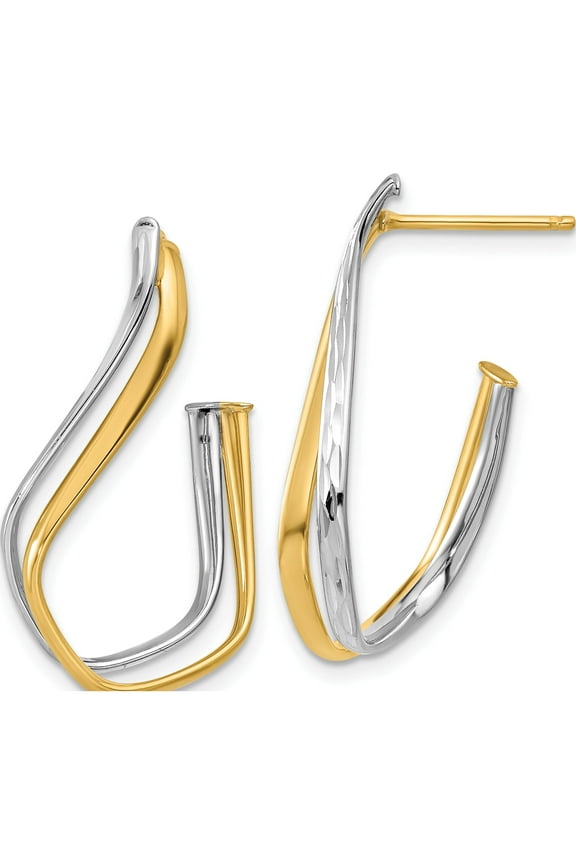 14K Two-Tone Polished Diamond-Cut Twisted J-Hoop Post Earrings (Width 16.1) (Length 29.2) - Jbsp