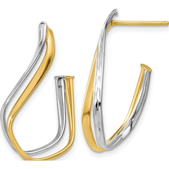 14K Two-Tone Polished Diamond-Cut Twisted J-Hoop Post Earrings (Width 16.1) (Length 29.2) - Jbsp