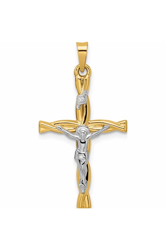 14K Two-Tone Polished Hollow Inri Crucifix Twisted Cross Pendant (31.8 X 17.05) Made In United States -Jewelry By Sweet Pea