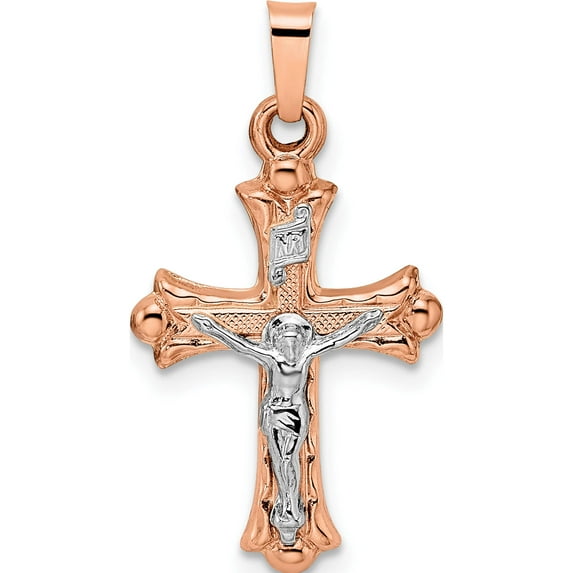 14K Two-Tone Rose And White Gold Polished Fleur De Lis Inri Hollow Crucifix Made In United States xr1873