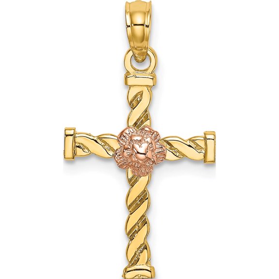 14K Two-Tone Twisted Cross With Flower Charm Made In United States k9082