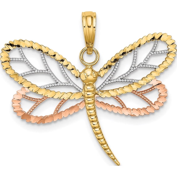 14K Two-Tone White Rhodium Dragonfly With Beaded Diamond-Cut Wings Charm (24.6 X 28.2) Made In United States k9439