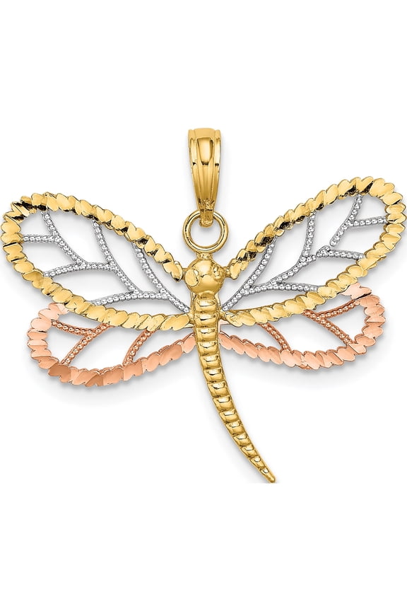 14K Two-tone with White Rhodium Dragonfly with Beaded Diamond-cut Wings Charm