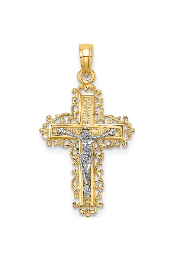 14K and White Rhodium Textured Lace Trim Crucifix Charm