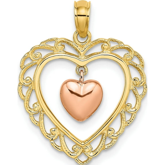 14K Two-Tone Yellow And Rose Gold Polished Dangling Heart In Charm (22.5 X 18.5) Made United States k9191