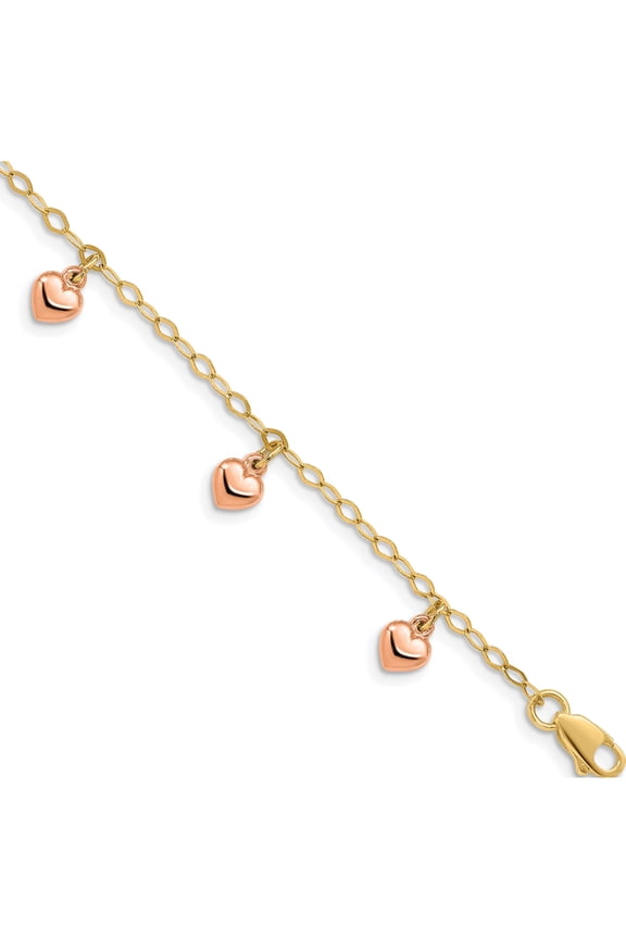 14K Two-Tone Yellow Gold With Rose Hearts Child's Puffed Heart Charm Bracelet (Width 5.6) (Length 6) - Jbsp