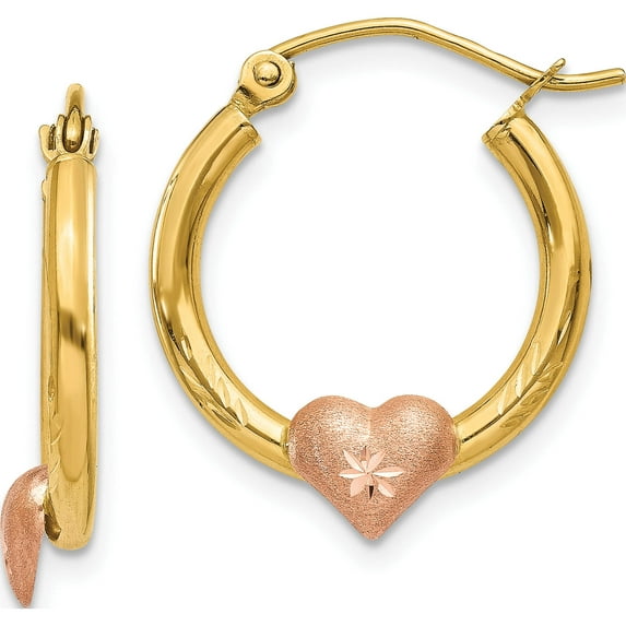14K Two-Tone Yellow & Rose Gold Heart D/C Hoop Earrings (20 X 17) Made In Indonesia tl738