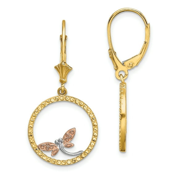 14K Tri-Color Satin Rhodium Textured Gold Sparkle-Cut Dragonfly in Circle Wire Dangle Earrings