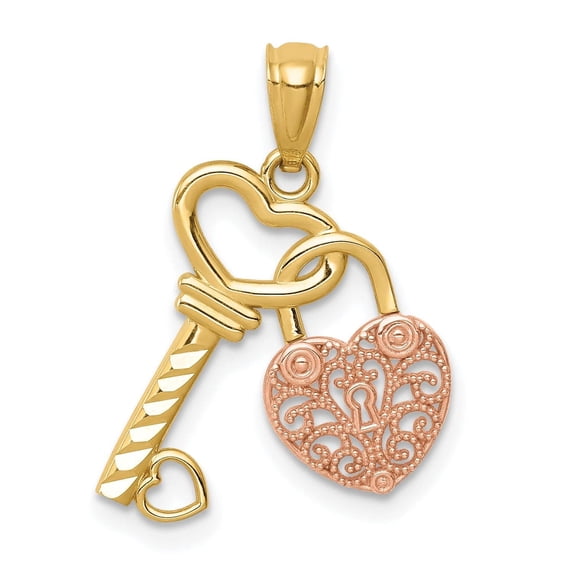 Finest Gold 14K Two-Tone Polished Filigree Heart Lock & Diamond-Cut Key Charm