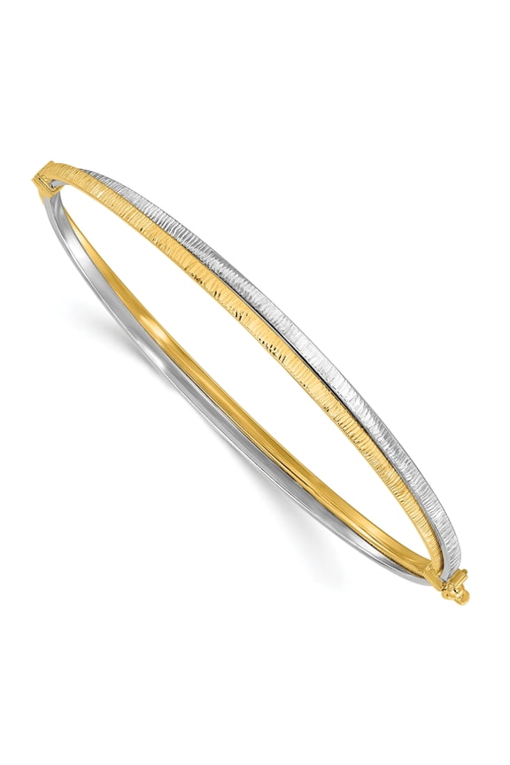 14K Two-tone Polished and Textured Hinged Bangle