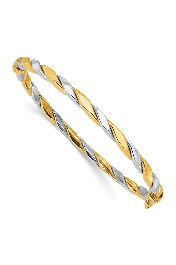 14K Two-tone Polished and Twisted 3.50mm Hinged Oval Bangle Bracelet