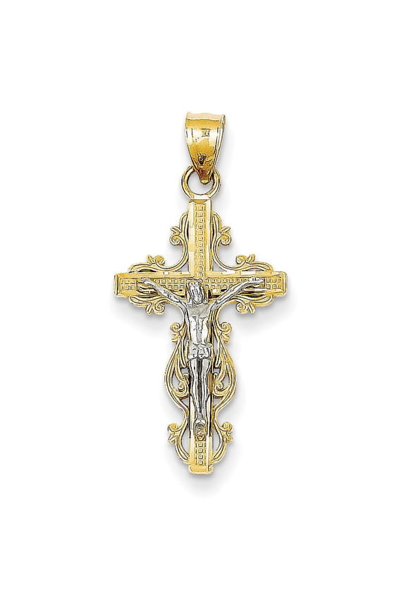 14K Two-tone Small Narrow Cross with Crucifix Pendant