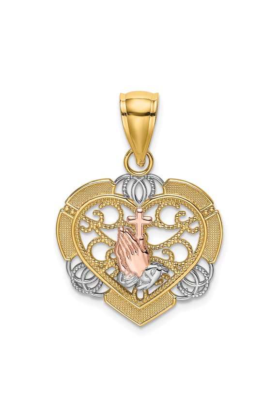 14K Two-tone and White Rhodium Praying Hands and Cross in Heart Charm K9208