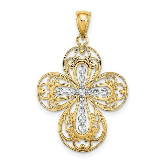 14K W/ Rhodium D/C and Cut Out Filigree Cross Charm K9096