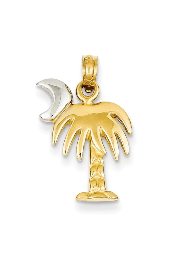 14K Yellow Gold, White Rhodium Polished Finish Concave Shape Charelston Palm Tree with Moon Charm Pendant