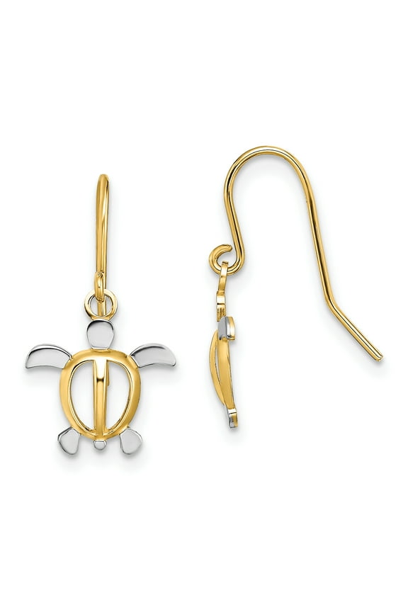 14K and White Rhodium Small Sea Turtle Dangle French Hook Earrings TF1862
