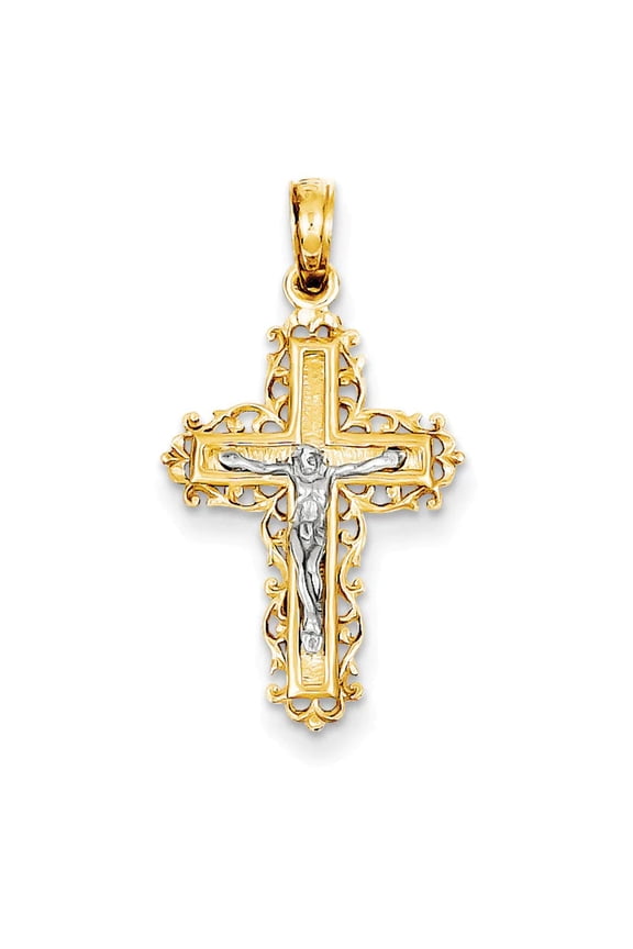 14K and White Rhodium Textured Lace Trim Crucifix Charm K9174