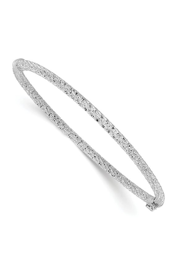 14K WG Polished/Textured and Diamond-cut Twist Hinged Bangle